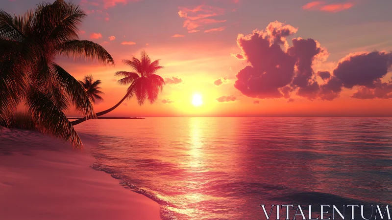 Sunset-lit tropical shoreline with reflective calm ocean surface