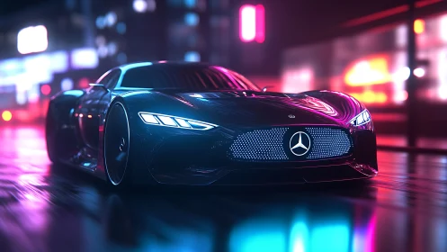 Futuristic Mercedes supercar glides through neon city night