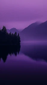 Monochrome violet lakeside with mist-layered mountain silhouettes.