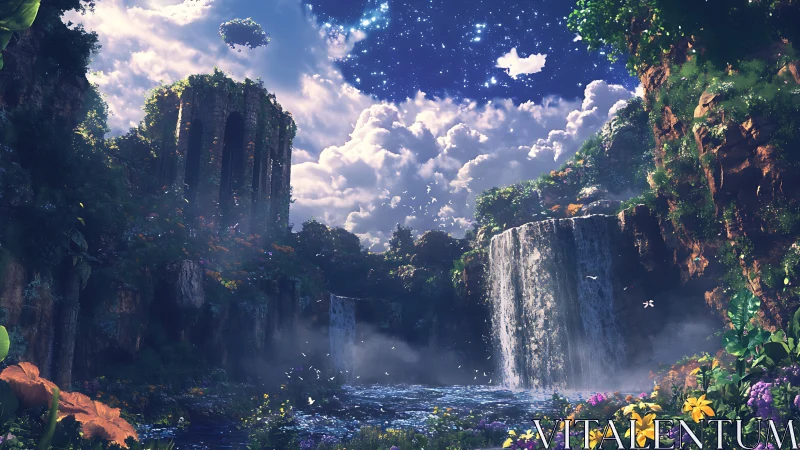 Mystical waterfall valley with ruins under starlit sky.