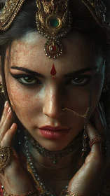 Intense portrait of jeweled woman with red forehead mark.