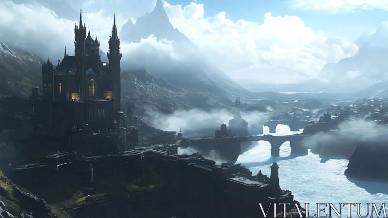 Gothic riverside citadel in panoramic fantasy valley vista.