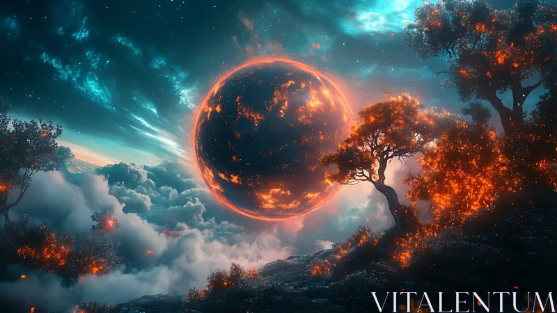 Glowing spherical celestial body hovers above clouded terrain