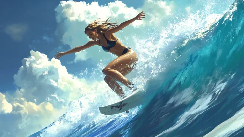 Sunlit surfer riding a turquoise wave with joyful ease.