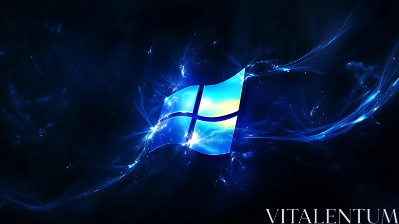 Glowing blue window logo drifting in a dreamy cosmic swirl.
