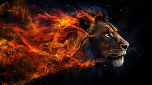 Fiery lion profile merges with streaming cosmic flames