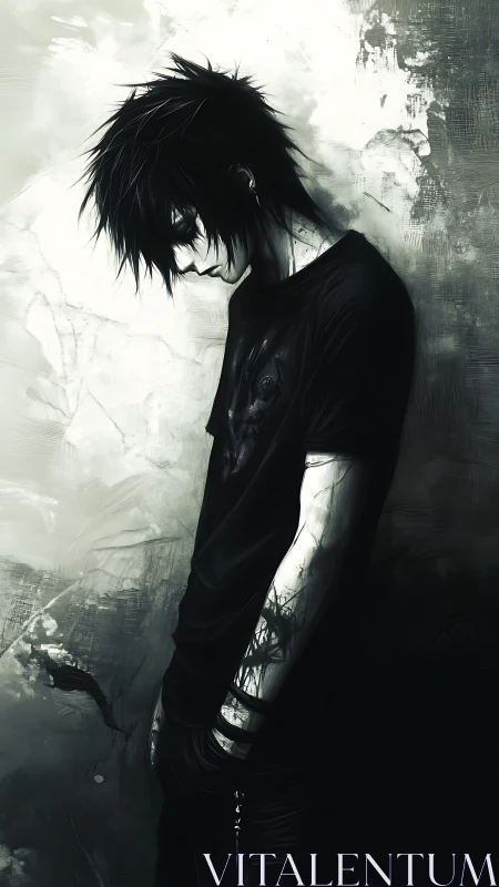 Brooding midnight loner sinking into grayscale quiet.