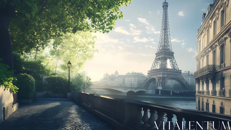 Morning light gently warms a quiet Paris riverside view
