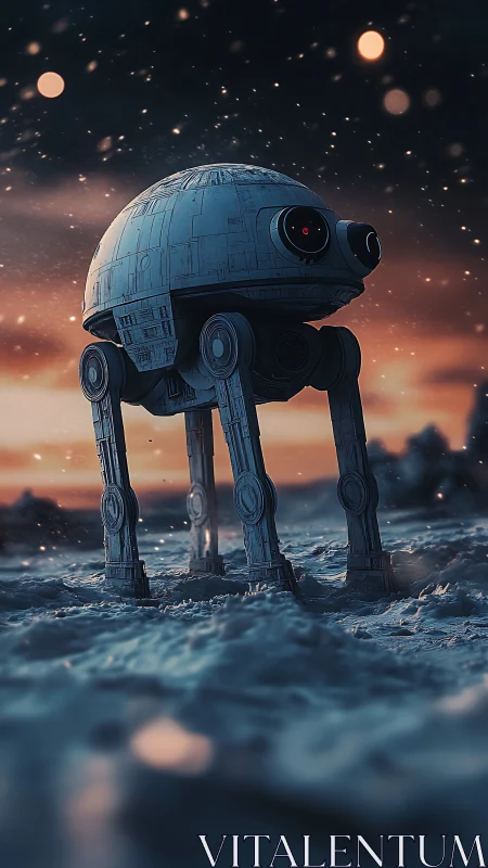 Friendly four-legged space droid wandering a snowy sunset.