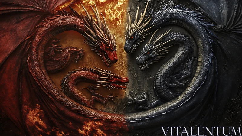 Dual red and blue dragons encircle fire and shadow.