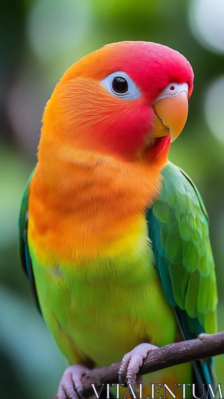Colorful parrot perched on branch in soft green bokeh.