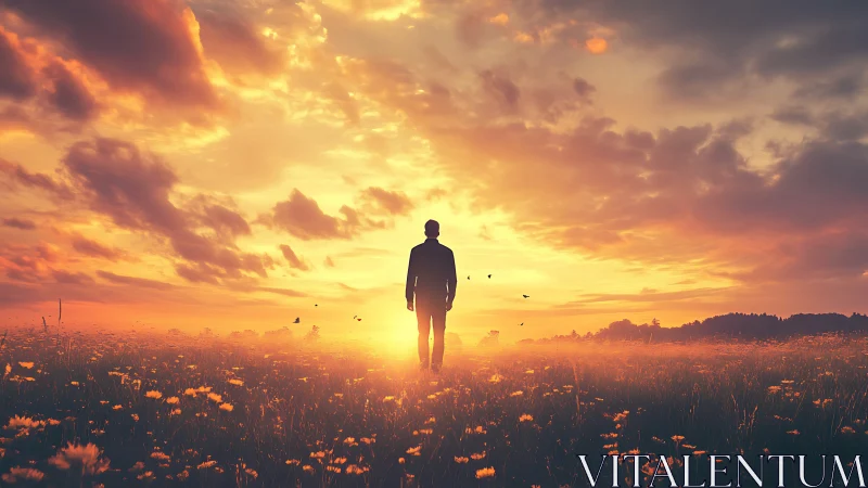 Silhouette of lone figure walking through field at sunset.