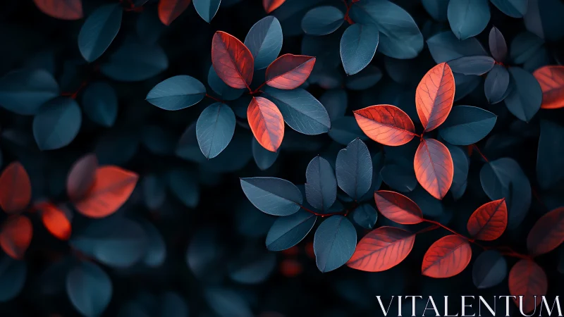 Crimson leaves glow softly against deep teal foliage at dusk