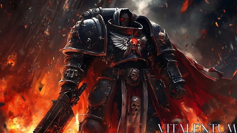 Armored sci fi warrior in flames with red cloak and skulls.