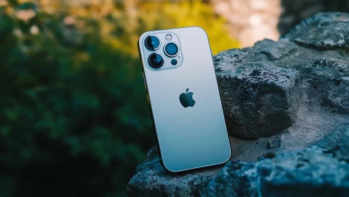 Silver smartphone positioned on weathered stone surface displaying triple camera system