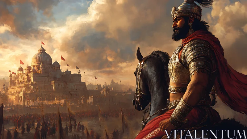 Armored warrior on horseback overlooks fortified palace city