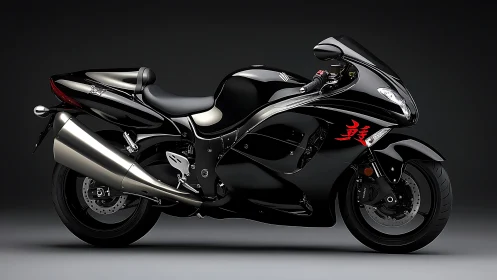 Midnight superbike sculpture gleams with razor calm power.
