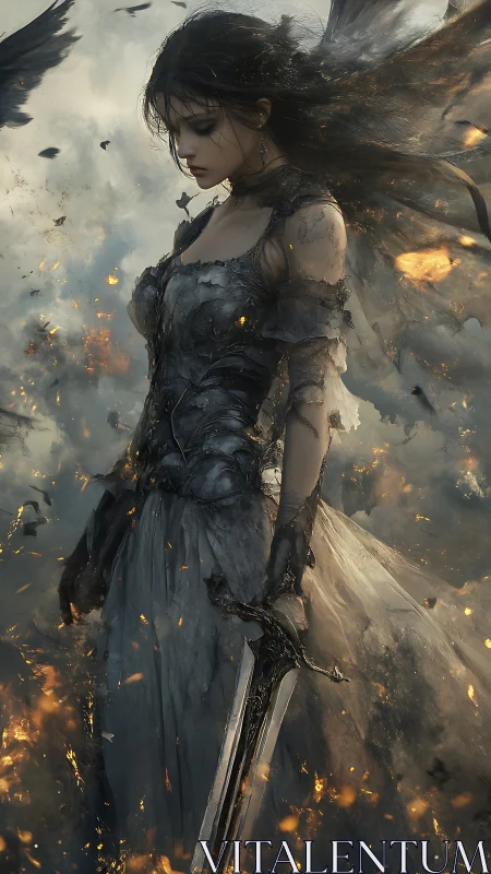 Fallen angel warrior stands in smoldering battlefield storm