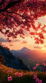 Blossom-laden hillside quietly frames a distant molten sunset