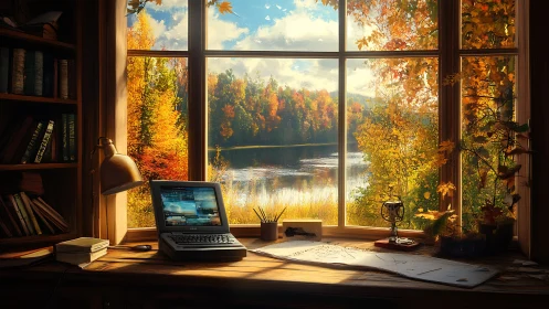 Laptop-lit autumn studio quietly converses with the lake