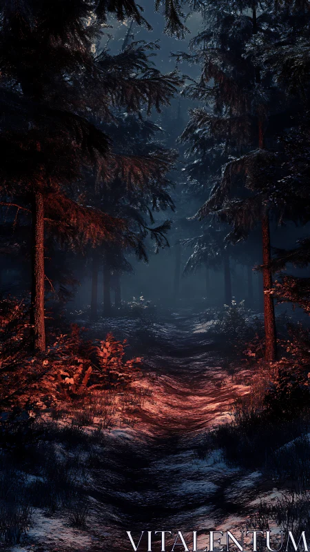 Nocturnal Forest Pathway with Bioluminescent Undergrowth Illumination.