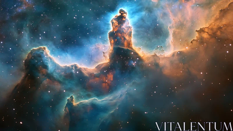 Emission nebula pillar structure with ionized gas plumes and stars