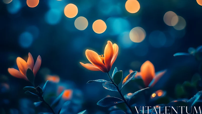 Orange Flowers Against Teal Background with Bokeh Lights