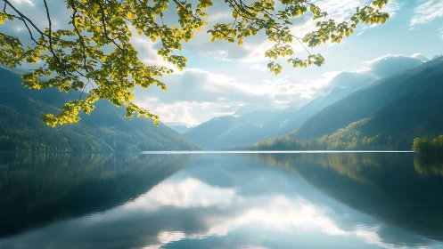 Mirrorlake morning hush beneath soft-breathing mountains.