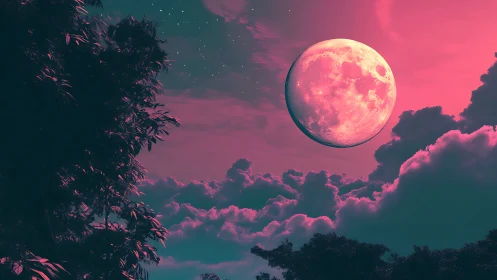 Surreal pink moon illuminates dreamlike tropical clouds.