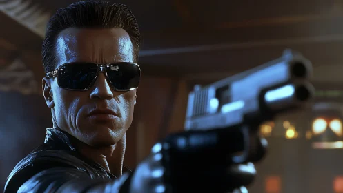 Stoic gunman in leather jacket aiming pistol toward viewer