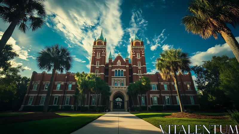 Red-brick gothic campus framed by palms under vivid skies