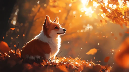 Corgi in radiant autumn forest with cinematic rim light.
