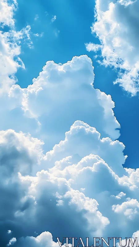 Towering daydream clouds rise into a luminous summer sky.