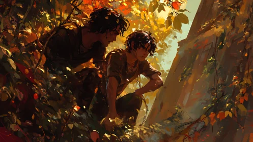 Autumn-lit ruin reconnaissance with dual figures in foliage.