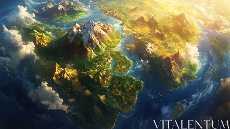 Sunlit fantasy archipelago rendered in sweeping aerial perspective