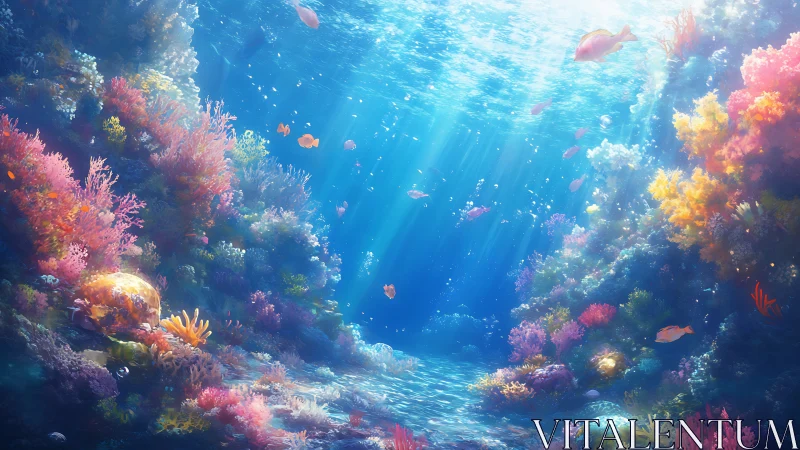Underwater coral reef scene with diverse marine life.