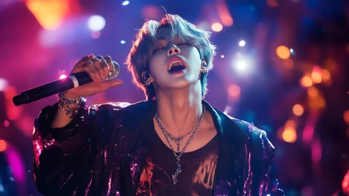 Electric stage singer bathed in neon concert lights