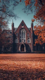 Gothic revival college facade framed by cinematic autumn foliage.
