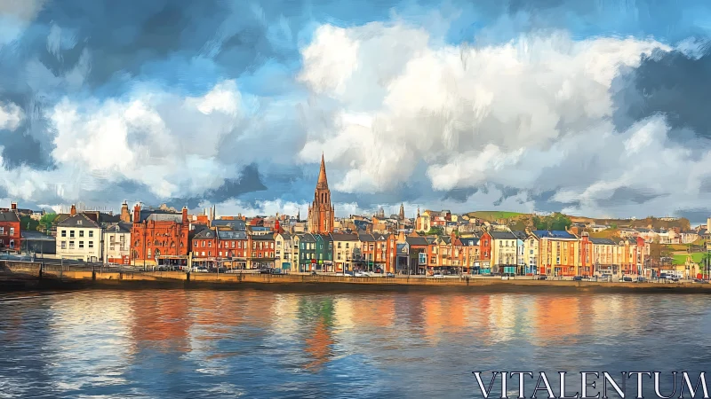 Colorful riverside town skyline reflects under dense clouds