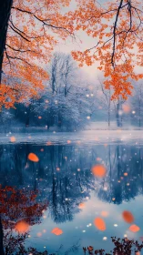 Autumn leaves drift over a frozen lake in soft twilight.