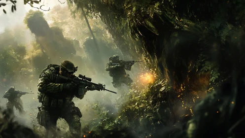 Special forces fire through dense jungle under hostile ambush