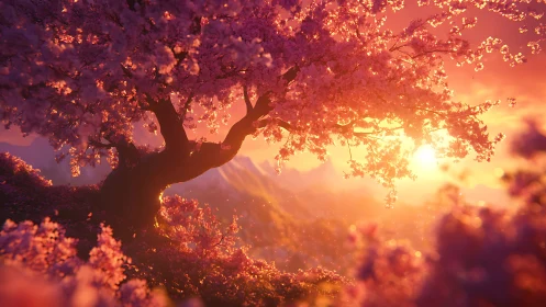 Sunlit cherry blossom tree over glowing mountain valley.