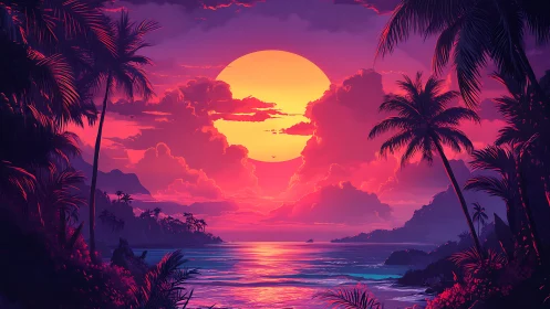 Neon tropic sunset over palm-framed violet shoreline.