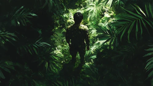 Lost wanderer stands quietly in a lush green jungle path