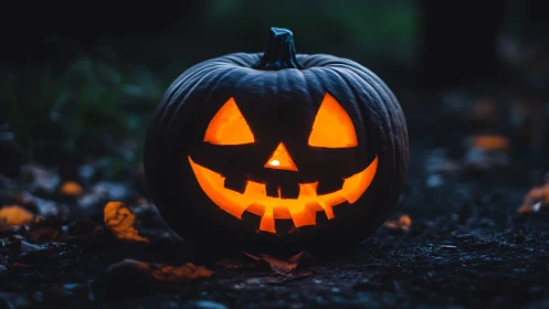 Grinning jack-o’-lantern lanterns dusk with mischief glow.