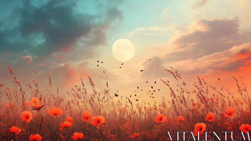 Moonlit poppy meadow hums beneath a melting candy sky