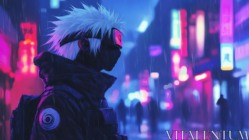 Hooded cybernetic scout in neon‑lit rainy alleyway observes crowd