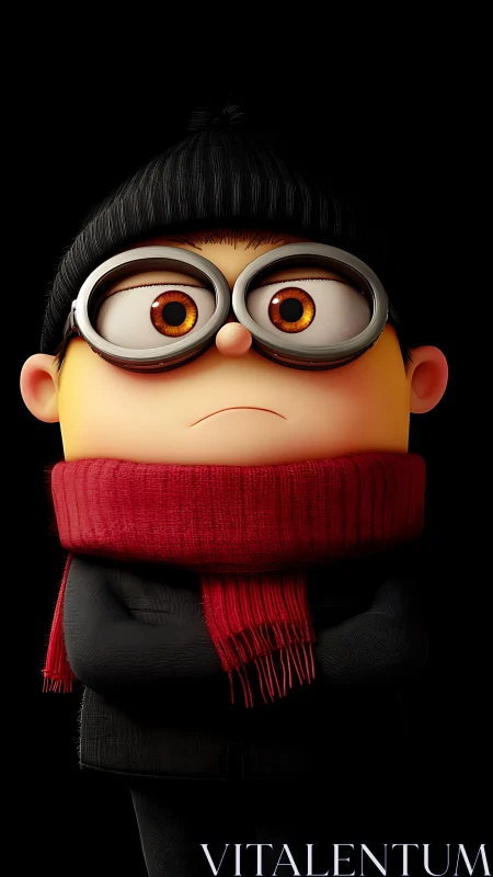 Cartoon winter character stands centered against black background