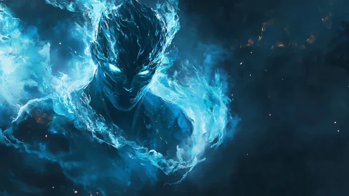 Elemental fire spirit emerges from swirling blue flames