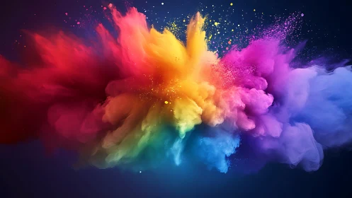 Joyful rainbow color burst swirling across deep night sky.